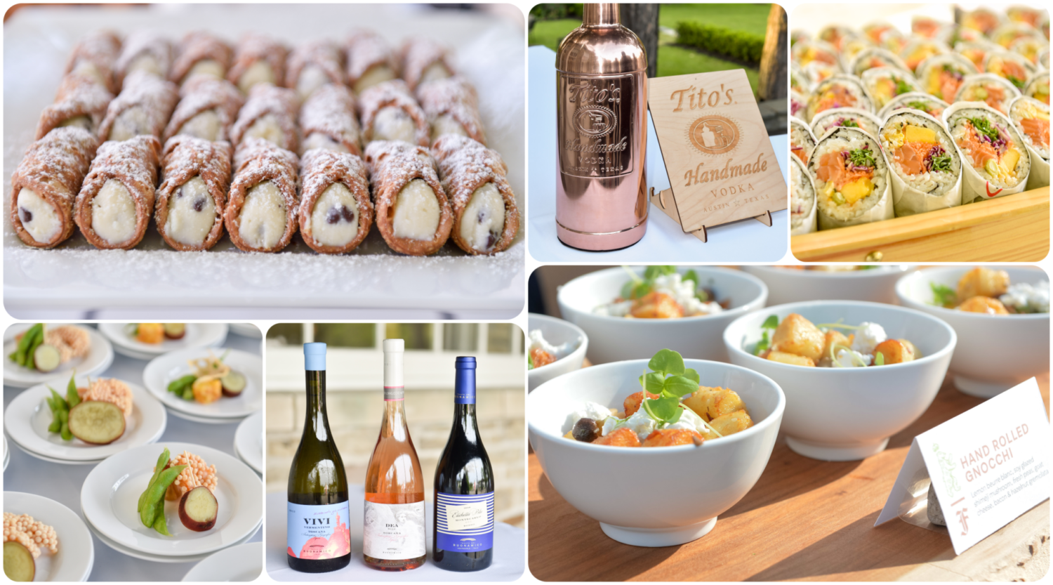 A gallery of six images, four of which are platters of food on display, one is a trio of wine bottles, and a third is a metallic rose gold bottle of vodka next to a sign.