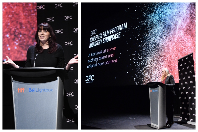 Two images of women speaking at a podium
