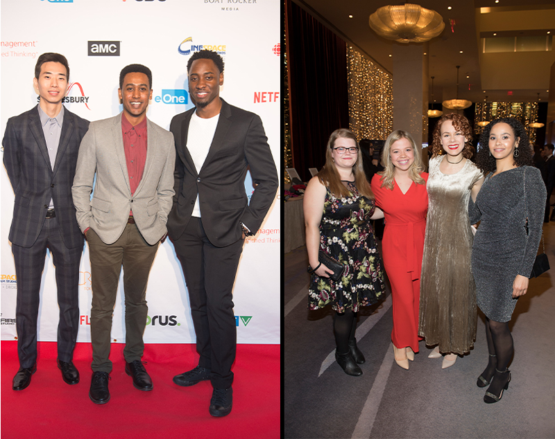 A series of two images - Clockwise rotation (Three males standing for a group photo on the red carpet, four females standing together for a group photo in the reception area.