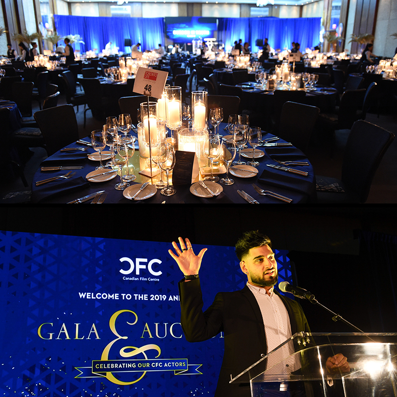 A series of two images going top to bottom - (A picture of the table setup and view of the ballroom, A picture of speaker talking into the microphone on stage of the gala)