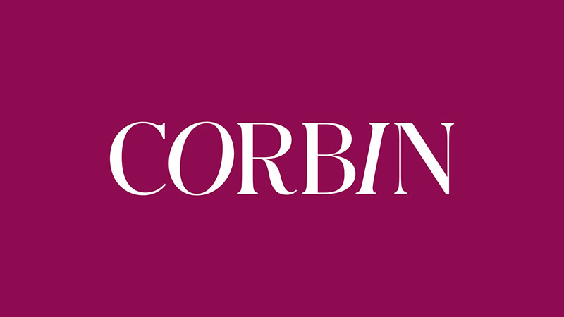 Company logo - the name "CORBIN" written in white on a pink background