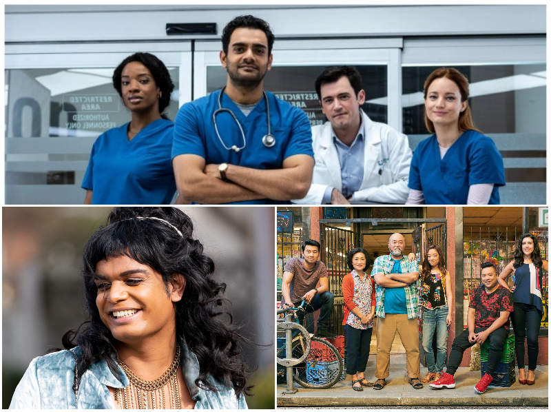 A collage of four images: 1 - a medical team posing; 2 - a side profile of a woman smiling; 3 - a family posing outside of a convenience store