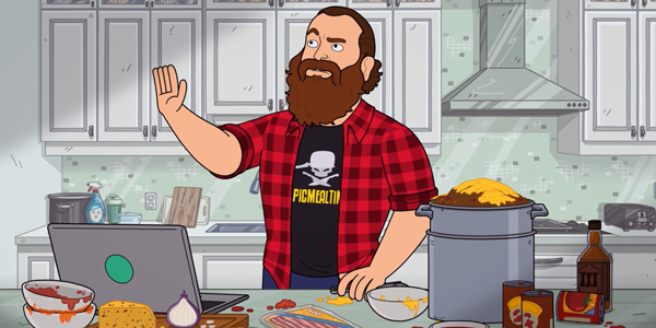Animated man stands at a messy kitchen counter
