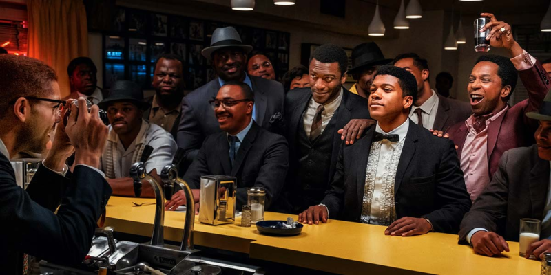 A group of men sitting and standing at a bar smile for a picture being taken by someone behind the counter