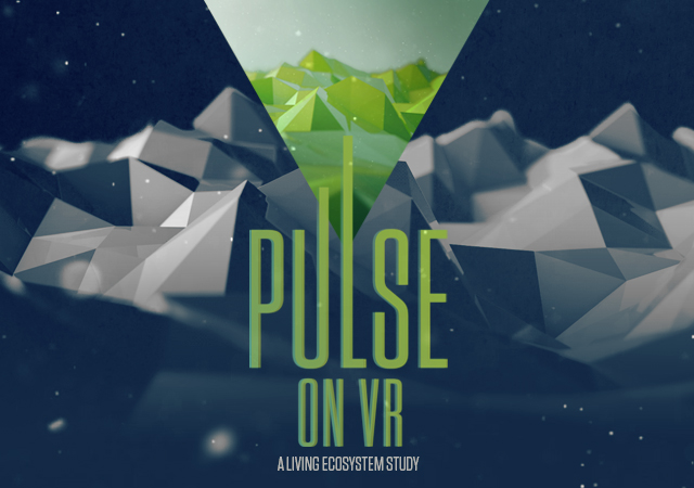 The words Pulse on VR written in green on a blue background
