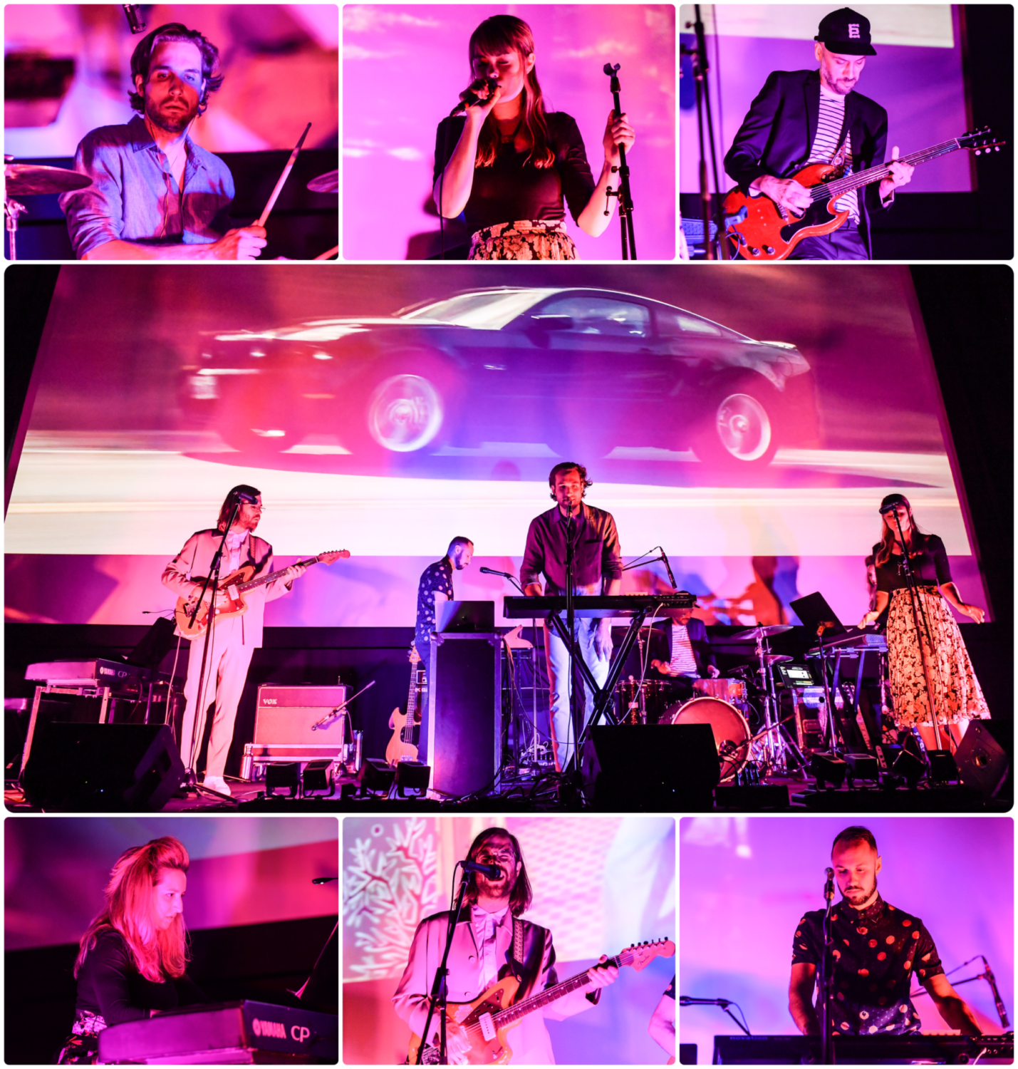 Three rows of photos in a gallery: top row is three close-ups of musicians performing; middle photo is long shot of a group of musicians onstage; bottom three areclose-ups of individual performers. All photos have a pink background because the lighting.