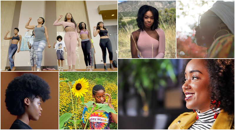A collage of photos of Black women posing or doing various activities from a documentary