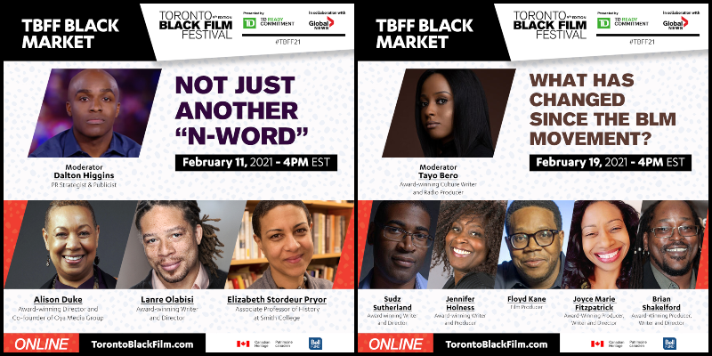 A collage of two images advertising panels at the Toronto Black Film Festival, with headshots of the panelists