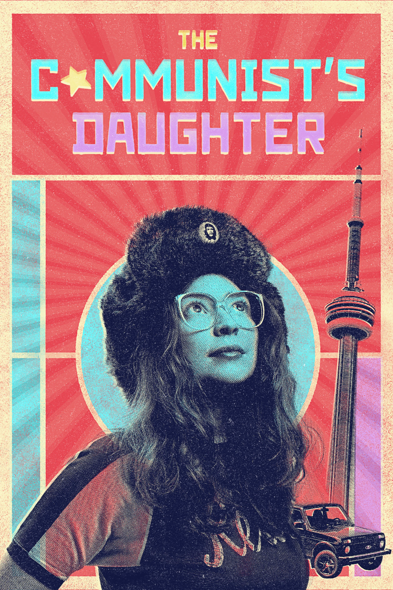 an image of a woman wearing a fur hat and glasses next to the CN tower 