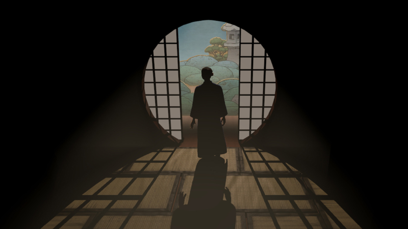 An animation of a person standing in front of a circular doorway, their shadow appears on the floor behind them