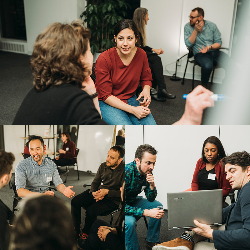 Photo collage of three images. Top image: Two women sitting next to each other, one of them is writing on a whiteboard. Bottom Right Image: Three people sitting around a laptop and looking at the screen. Bottom Left: Five people talking while sitting in a circle on chairs.