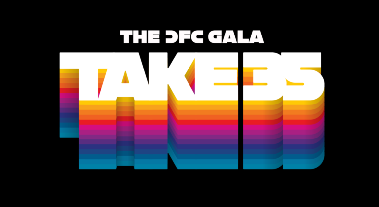 The CFC Gala: Take 35 white logo with rainbow stripes on black backround