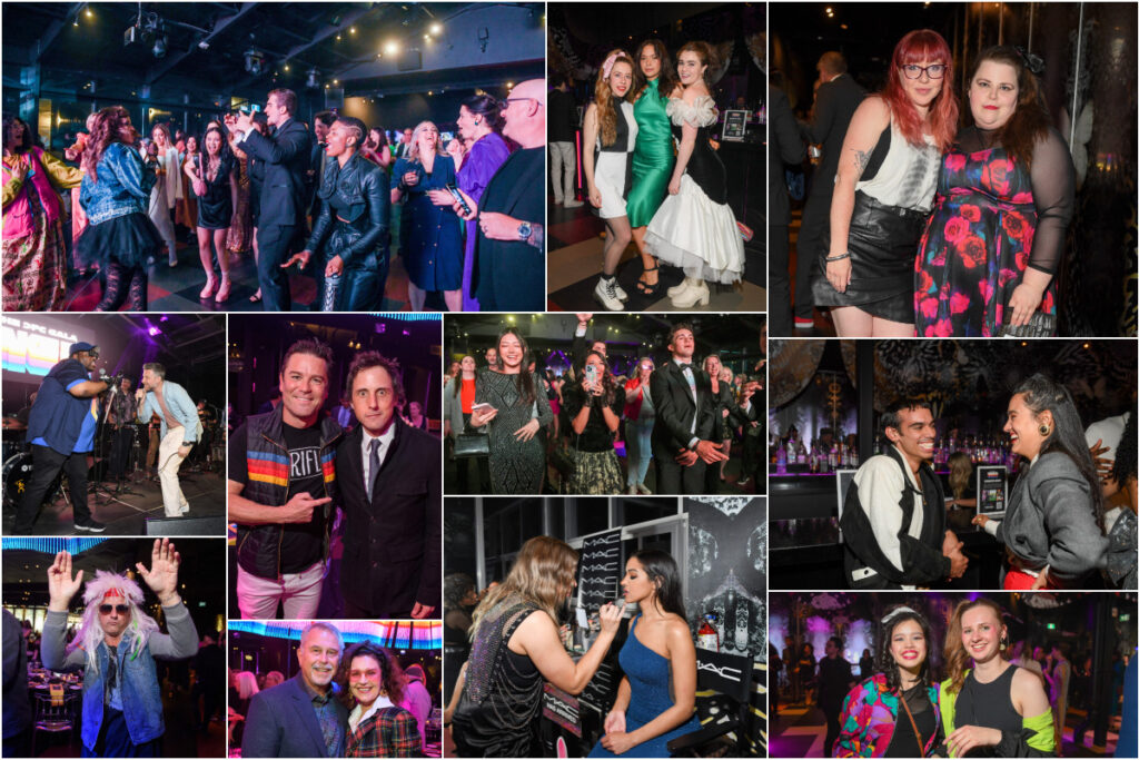 A collage of photos from The CFC Gala: Take 35 - people dancing at an after party, people dressed in 80s outfits posing for the camera, people sitting in a chair getting their makeup done, people singing into microphones on stage.